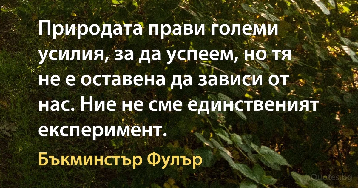 Природата прави големи усилия, за да успеем, но тя не е оставена да зависи от нас. Ние не сме единственият експеримент. (Бъкминстър Фулър)