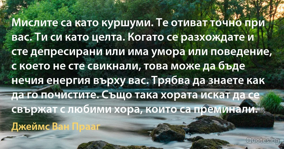 Мислите са като куршуми. Те отиват точно при вас. Ти си като целта. Когато се разхождате и сте депресирани или има умора или поведение, с което не сте свикнали, това може да бъде нечия енергия върху вас. Трябва да знаете как да го почистите. Също така хората искат да се свържат с любими хора, които са преминали. (Джеймс Ван Прааг)