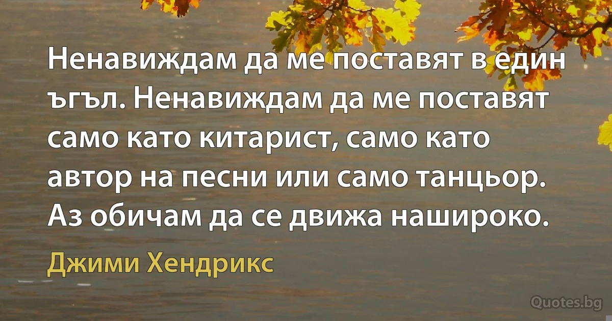 Ненавиждам да ме поставят в един ъгъл. Ненавиждам да ме поставят само като китарист, само като автор на песни или само танцьор. Аз обичам да се движа нашироко. (Джими Хендрикс)