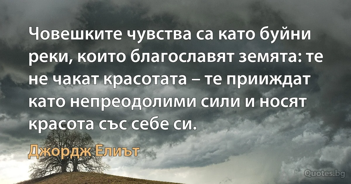 Човешките чувства са като буйни реки, които благославят земята: те не чакат красотата – те прииждат като непреодолими сили и носят красота със себе си. (Джордж Елиът)