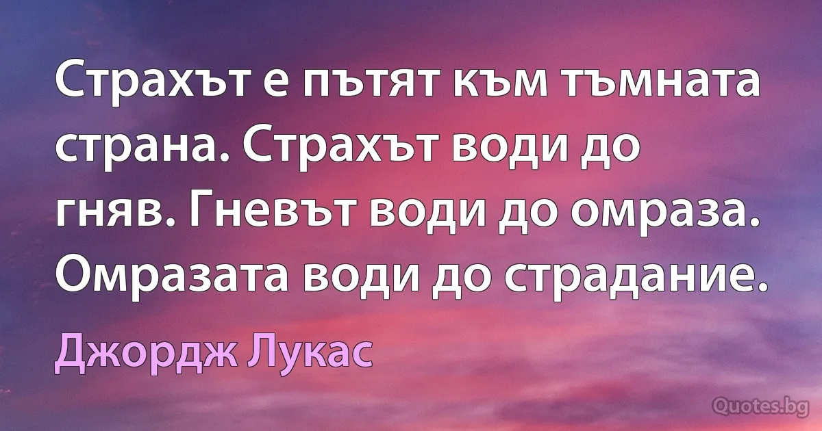 Страхът е пътят към тъмната страна. Страхът води до гняв. Гневът води до омраза. Омразата води до страдание. (Джордж Лукас)