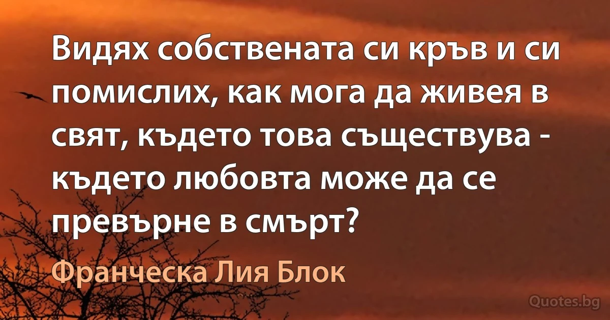 Видях собствената си кръв и си помислих, как мога да живея в свят, където това съществува - където любовта може да се превърне в смърт? (Франческа Лия Блок)