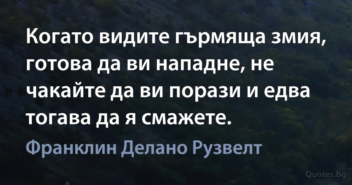 Когато видите гърмяща змия, готова да ви нападне, не чакайте да ви порази и едва тогава да я смажете. (Франклин Делано Рузвелт)