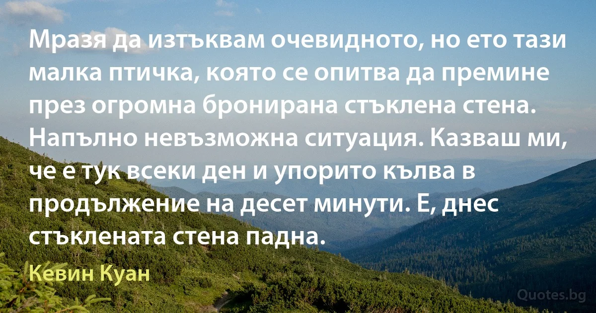 Мразя да изтъквам очевидното, но ето тази малка птичка, която се опитва да премине през огромна бронирана стъклена стена. Напълно невъзможна ситуация. Казваш ми, че е тук всеки ден и упорито кълва в продължение на десет минути. Е, днес стъклената стена падна. (Кевин Куан)