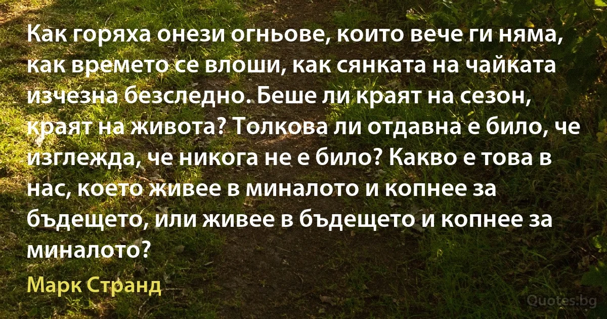 Как горяха онези огньове, които вече ги няма, как времето се влоши, как сянката на чайката изчезна безследно. Беше ли краят на сезон, краят на живота? Толкова ли отдавна е било, че изглежда, че никога не е било? Какво е това в нас, което живее в миналото и копнее за бъдещето, или живее в бъдещето и копнее за миналото? (Марк Странд)