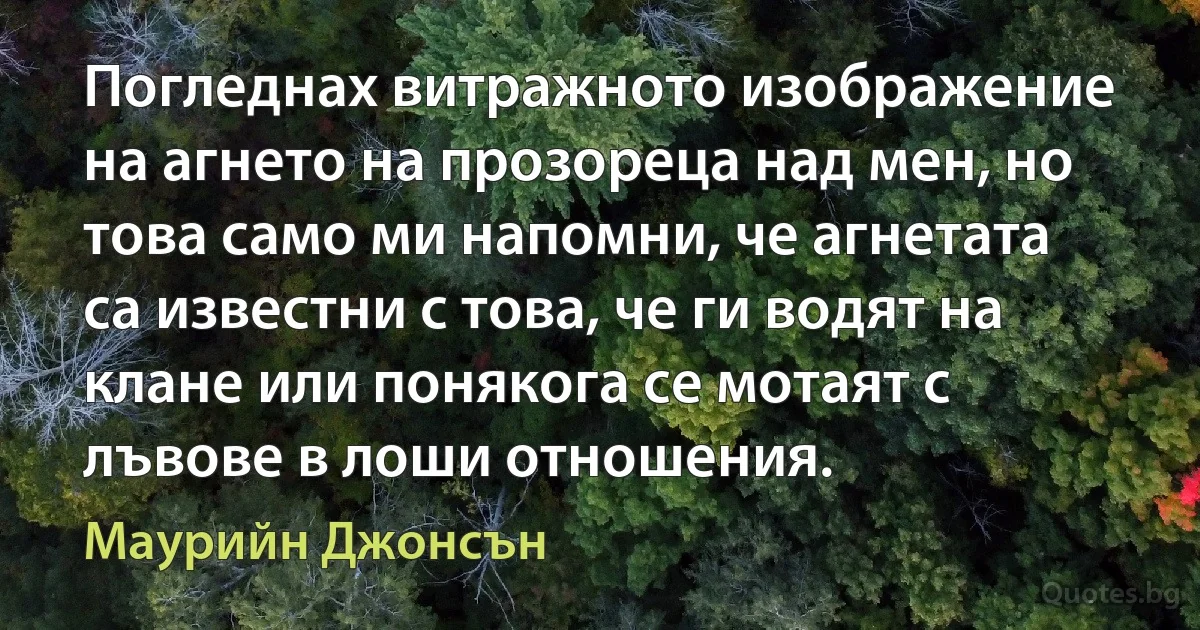 Погледнах витражното изображение на агнето на прозореца над мен, но това само ми напомни, че агнетата са известни с това, че ги водят на клане или понякога се мотаят с лъвове в лоши отношения. (Маурийн Джонсън)