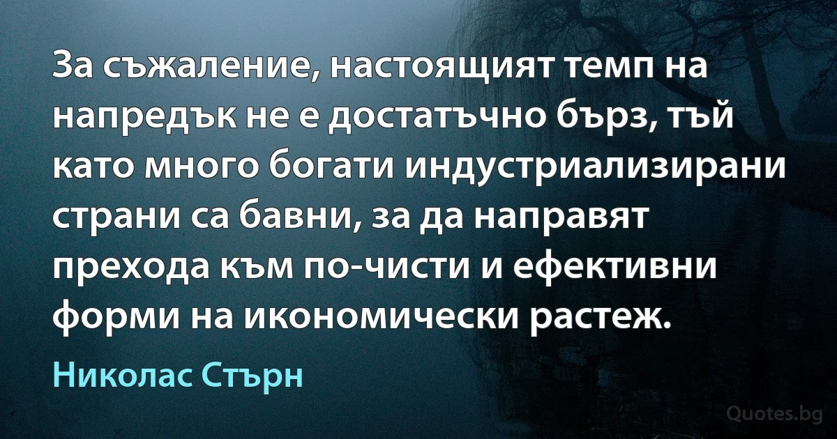 За съжаление, настоящият темп на напредък не е достатъчно бърз, тъй като много богати индустриализирани страни са бавни, за да направят прехода към по-чисти и ефективни форми на икономически растеж. (Николас Стърн)