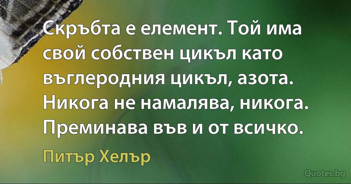 Скръбта е елемент. Той има свой собствен цикъл като въглеродния цикъл, азота. Никога не намалява, никога. Преминава във и от всичко. (Питър Хелър)