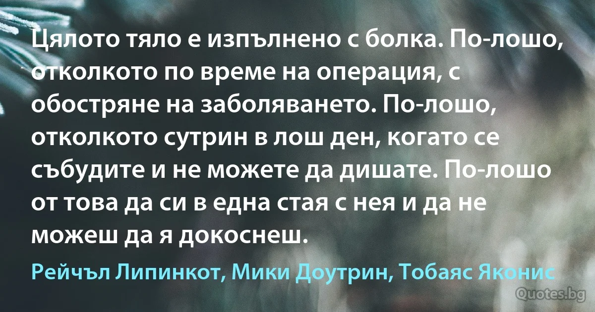 Цялото тяло е изпълнено с болка. По-лошо, отколкото по време на операция, с обостряне на заболяването. По-лошо, отколкото сутрин в лош ден, когато се събудите и не можете да дишате. По-лошо от това да си в една стая с нея и да не можеш да я докоснеш. (Рейчъл Липинкот, Мики Доутрин, Тобаяс Яконис)