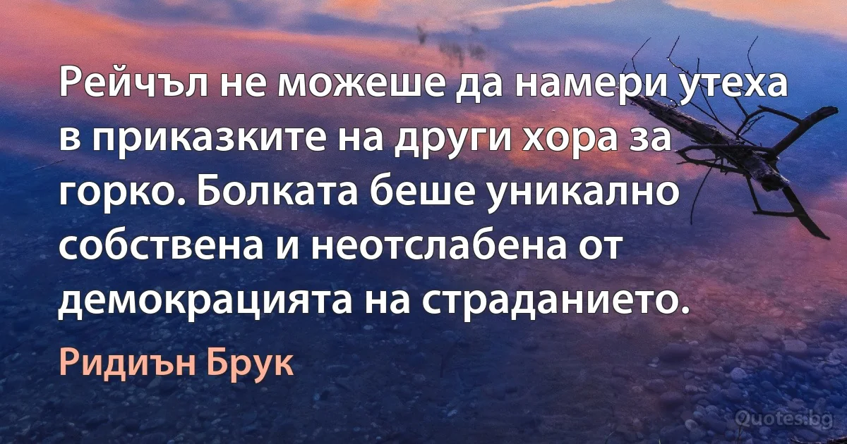 Рейчъл не можеше да намери утеха в приказките на други хора за горко. Болката беше уникално собствена и неотслабена от демокрацията на страданието. (Ридиън Брук)