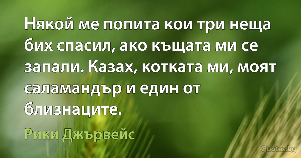 Някой ме попита кои три неща бих спасил, ако къщата ми се запали. Казах, котката ми, моят саламандър и един от близнаците. (Рики Джървейс)