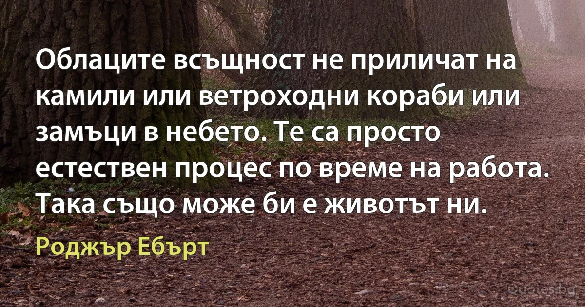 Облаците всъщност не приличат на камили или ветроходни кораби или замъци в небето. Те са просто естествен процес по време на работа. Така също може би е животът ни. (Роджър Ебърт)