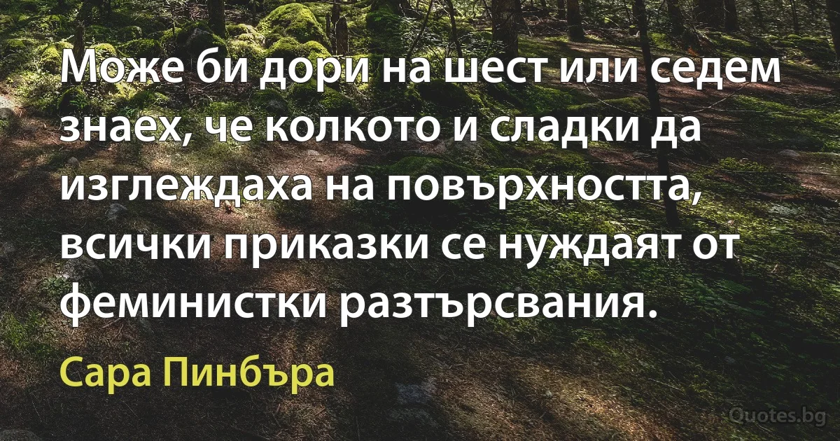 Може би дори на шест или седем знаех, че колкото и сладки да изглеждаха на повърхността, всички приказки се нуждаят от феминистки разтърсвания. (Сара Пинбъра)