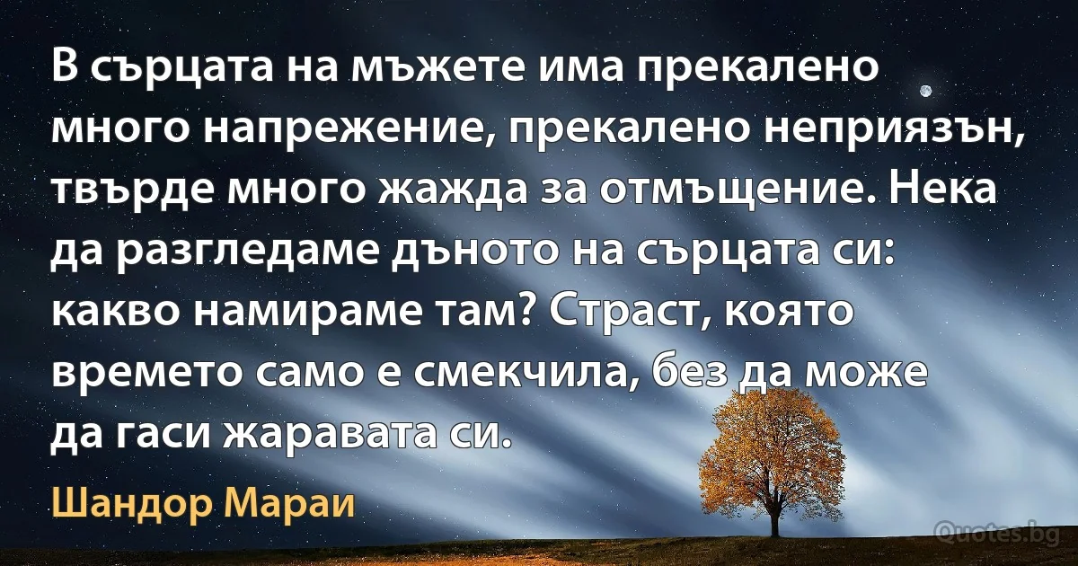 В сърцата на мъжете има прекалено много напрежение, прекалено неприязън, твърде много жажда за отмъщение. Нека да разгледаме дъното на сърцата си: какво намираме там? Страст, която времето само е смекчила, без да може да гаси жаравата си. (Шандор Мараи)