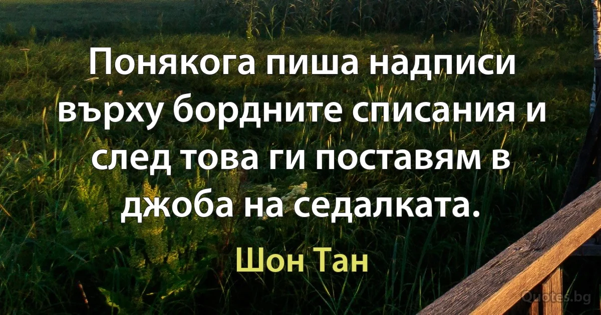 Понякога пиша надписи върху бордните списания и след това ги поставям в джоба на седалката. (Шон Тан)