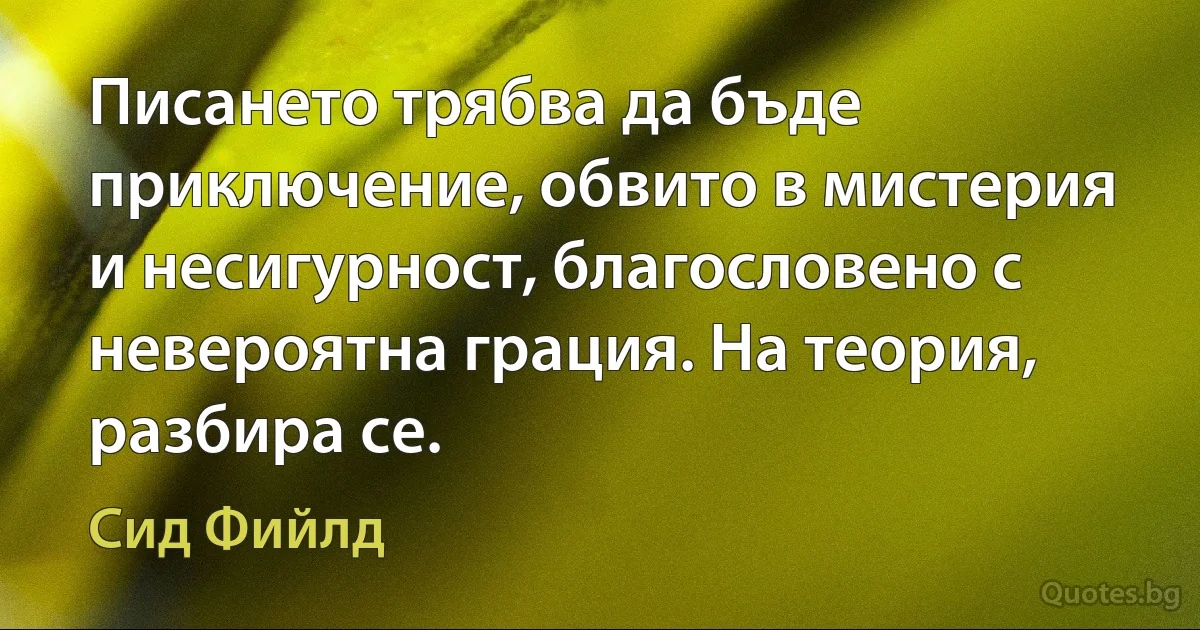 Писането трябва да бъде приключение, обвито в мистерия и несигурност, благословено с невероятна грация. На теория, разбира се. (Сид Фийлд)