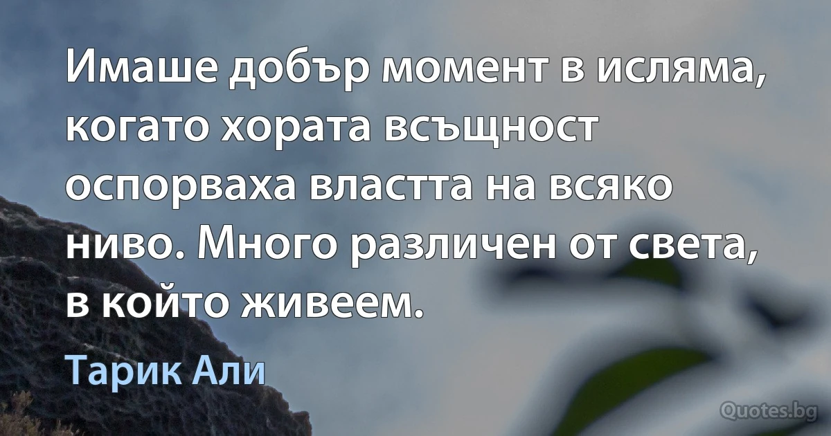 Имаше добър момент в исляма, когато хората всъщност оспорваха властта на всяко ниво. Много различен от света, в който живеем. (Тарик Али)