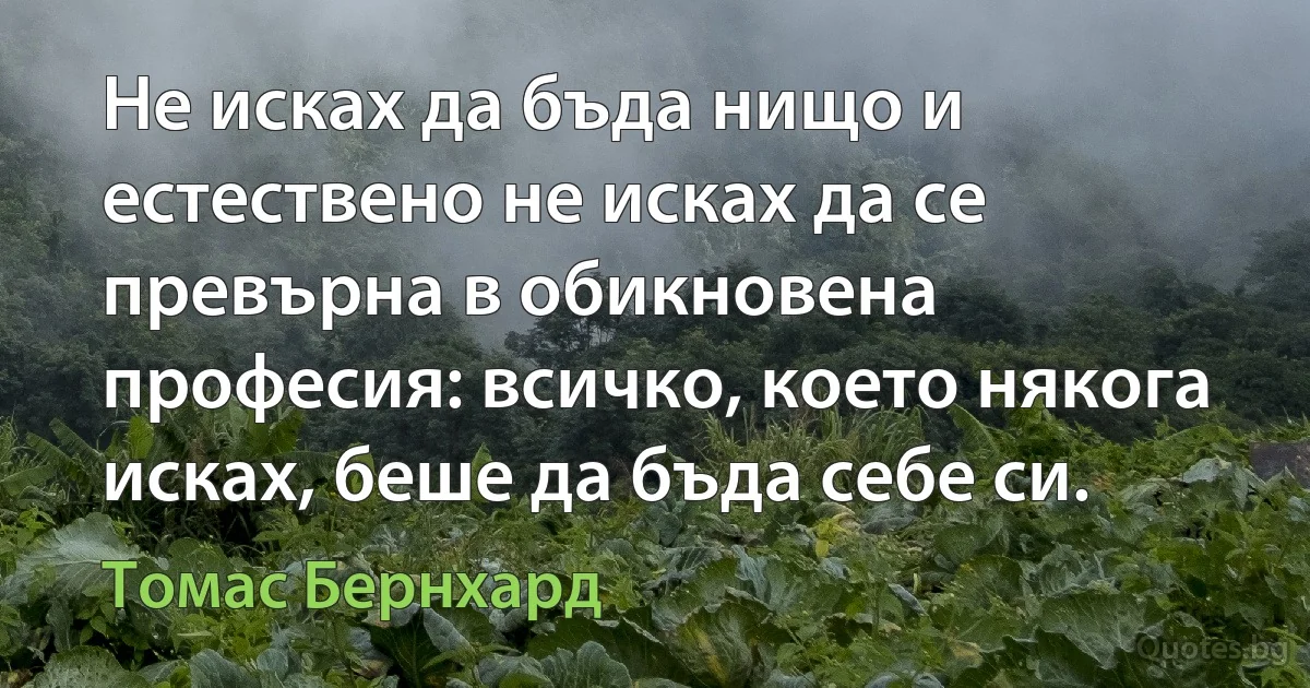 Не исках да бъда нищо и естествено не исках да се превърна в обикновена професия: всичко, което някога исках, беше да бъда себе си. (Томас Бернхард)