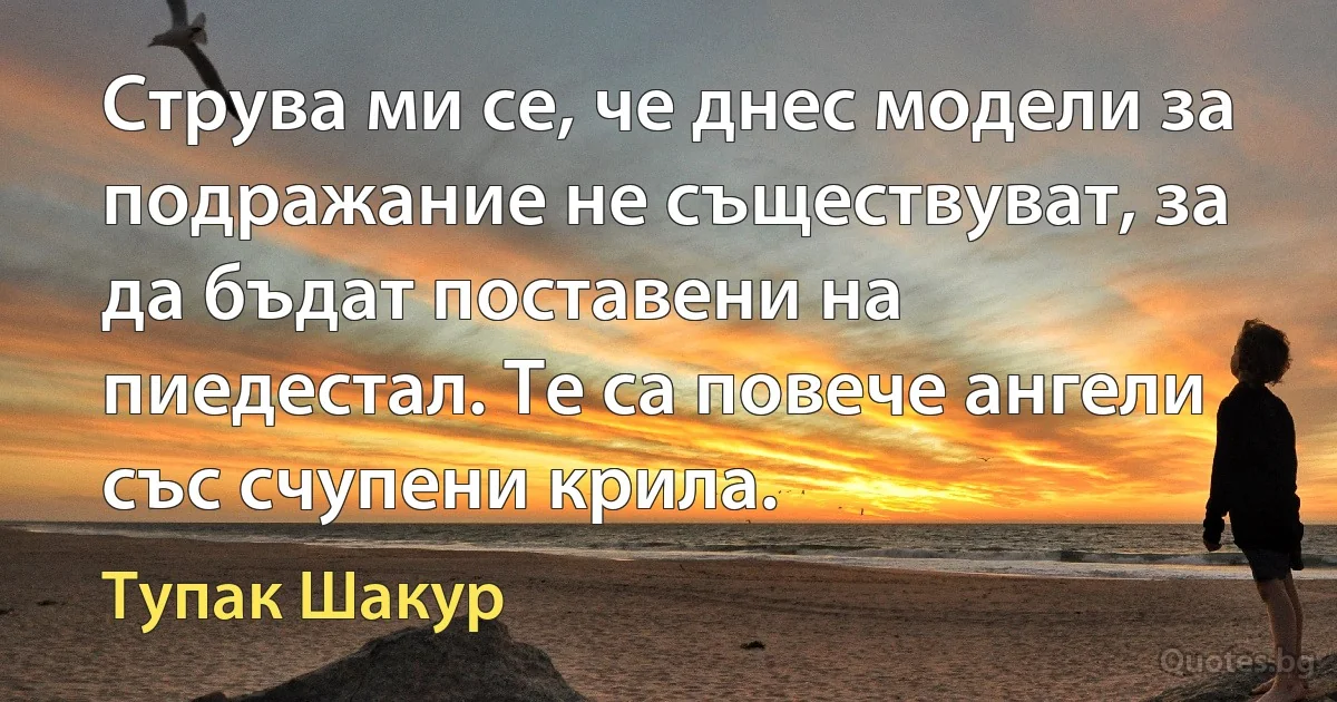 Струва ми се, че днес модели за подражание не съществуват, за да бъдат поставени на пиедестал. Те са повече ангели със счупени крила. (Тупак Шакур)