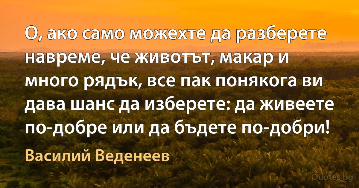 О, ако само можехте да разберете навреме, че животът, макар и много рядък, все пак понякога ви дава шанс да изберете: да живеете по-добре или да бъдете по-добри! (Василий Веденеев)