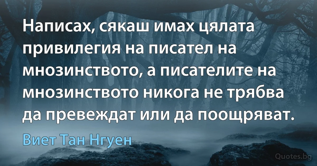 Написах, сякаш имах цялата привилегия на писател на мнозинството, а писателите на мнозинството никога не трябва да превеждат или да поощряват. (Виет Тан Нгуен)