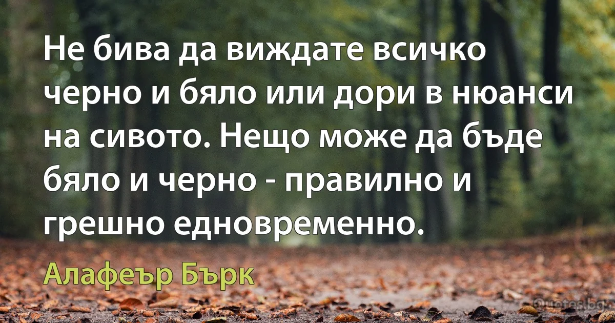 Не бива да виждате всичко черно и бяло или дори в нюанси на сивото. Нещо може да бъде бяло и черно - правилно и грешно едновременно. (Алафеър Бърк)