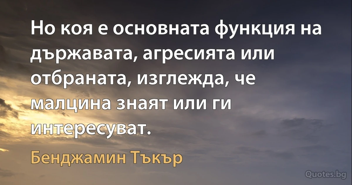 Но коя е основната функция на държавата, агресията или отбраната, изглежда, че малцина знаят или ги интересуват. (Бенджамин Тъкър)