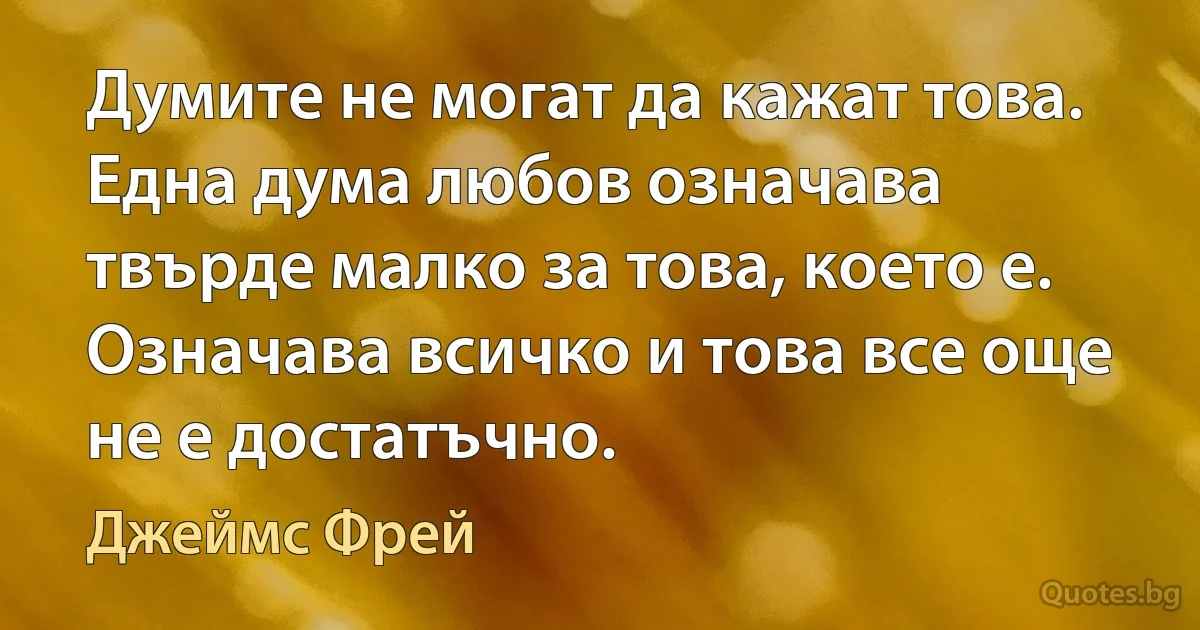 Думите не могат да кажат това. Една дума любов означава твърде малко за това, което е. Означава всичко и това все още не е достатъчно. (Джеймс Фрей)