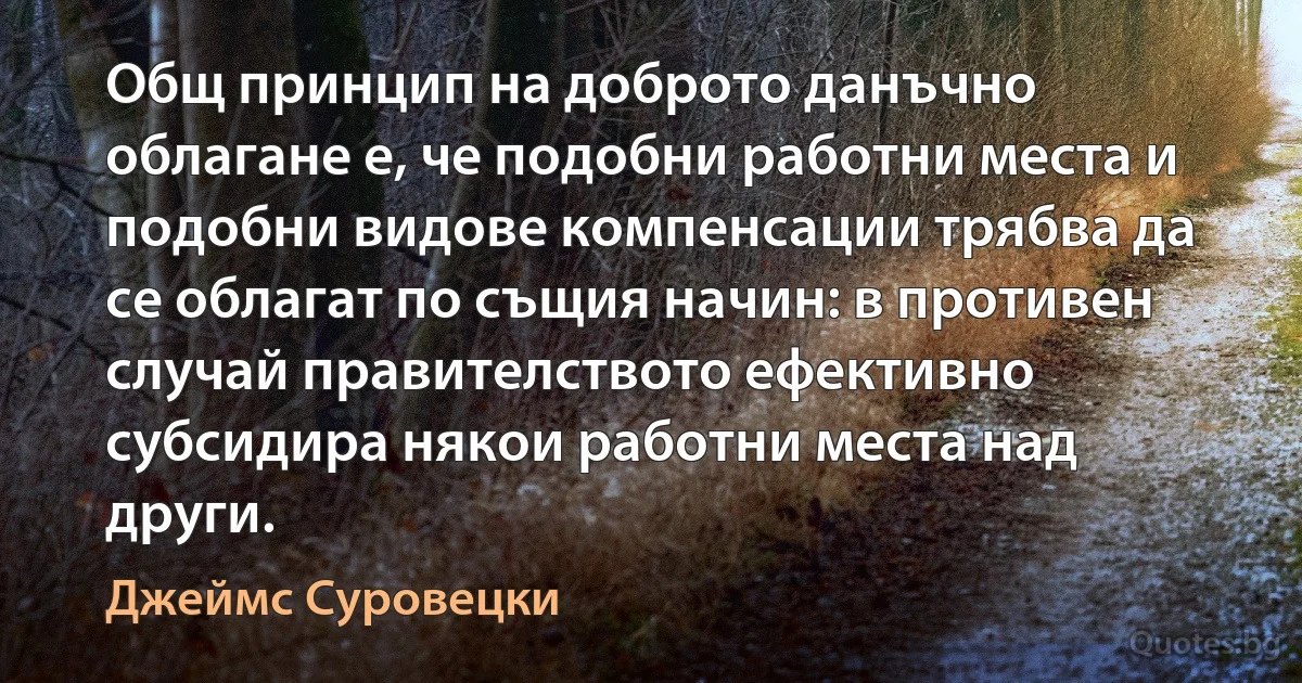 Общ принцип на доброто данъчно облагане е, че подобни работни места и подобни видове компенсации трябва да се облагат по същия начин: в противен случай правителството ефективно субсидира някои работни места над други. (Джеймс Суровецки)