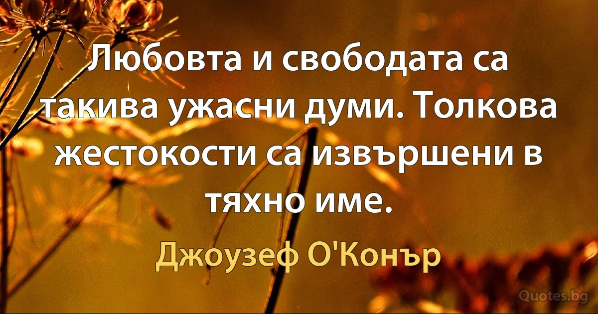 Любовта и свободата са такива ужасни думи. Толкова жестокости са извършени в тяхно име. (Джоузеф О'Конър)