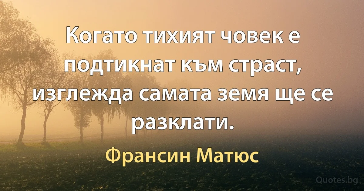 Когато тихият човек е подтикнат към страст, изглежда самата земя ще се разклати. (Франсин Матюс)