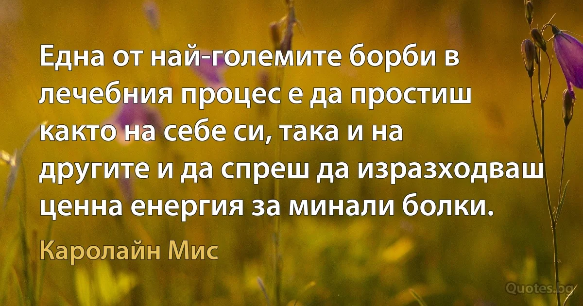 Една от най-големите борби в лечебния процес е да простиш както на себе си, така и на другите и да спреш да изразходваш ценна енергия за минали болки. (Каролайн Мис)