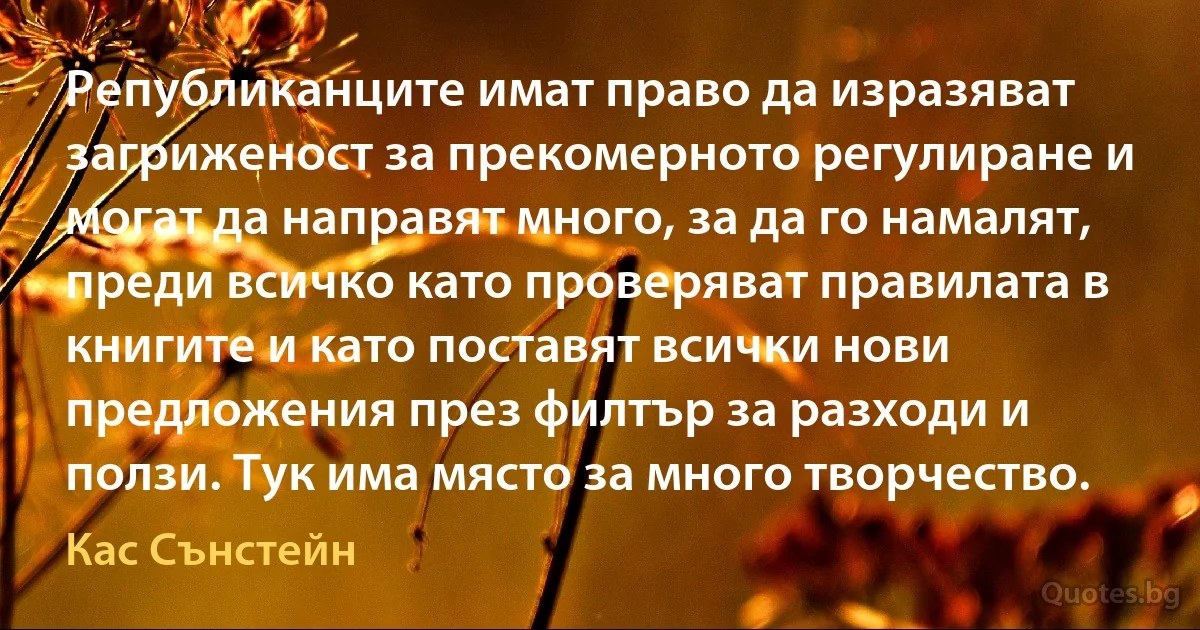 Републиканците имат право да изразяват загриженост за прекомерното регулиране и могат да направят много, за да го намалят, преди всичко като проверяват правилата в книгите и като поставят всички нови предложения през филтър за разходи и ползи. Тук има място за много творчество. (Кас Сънстейн)