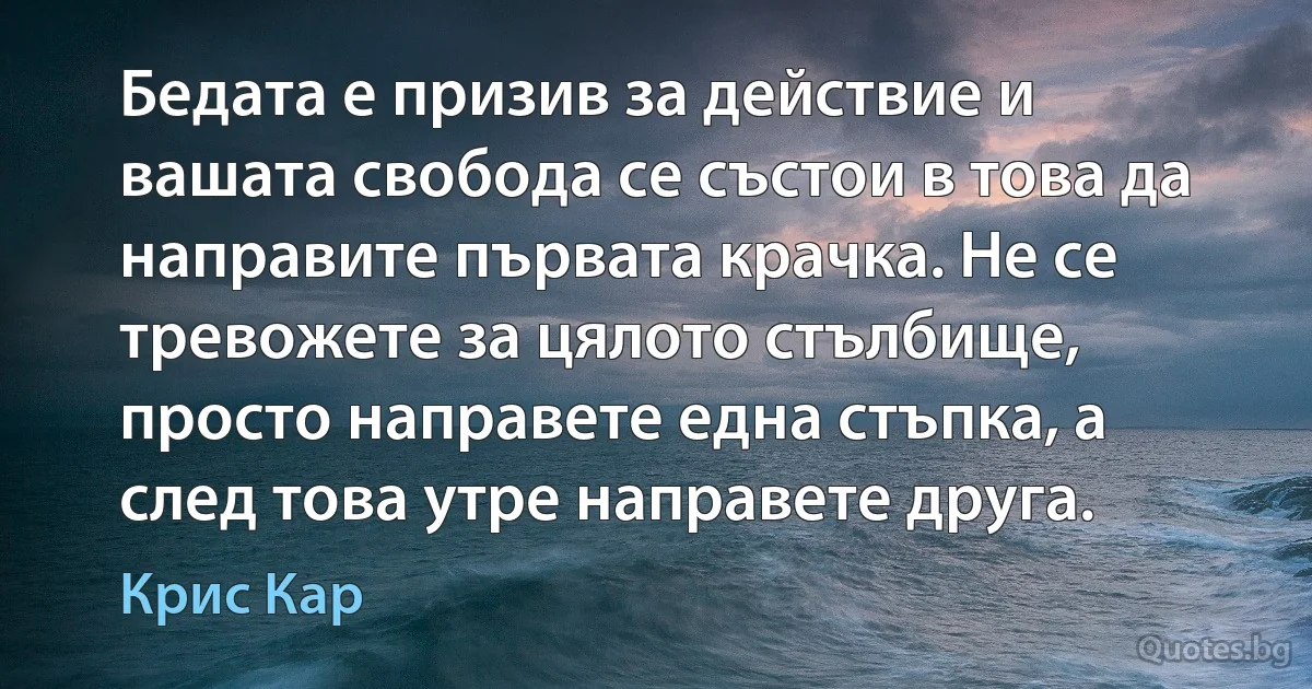 Бедата е призив за действие и вашата свобода се състои в това да направите първата крачка. Не се тревожете за цялото стълбище, просто направете една стъпка, а след това утре направете друга. (Крис Кар)