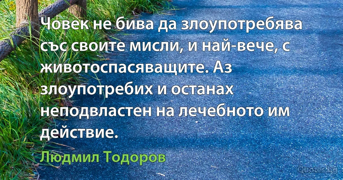 Човек не бива да злоупотребява със своите мисли, и най-вече, с животоспасяващите. Аз злоупотребих и останах неподвластен на лечебното им действие. (Людмил Тодоров)