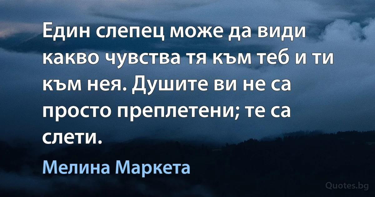 Един слепец може да види какво чувства тя към теб и ти към нея. Душите ви не са просто преплетени; те са слети. (Мелина Маркета)