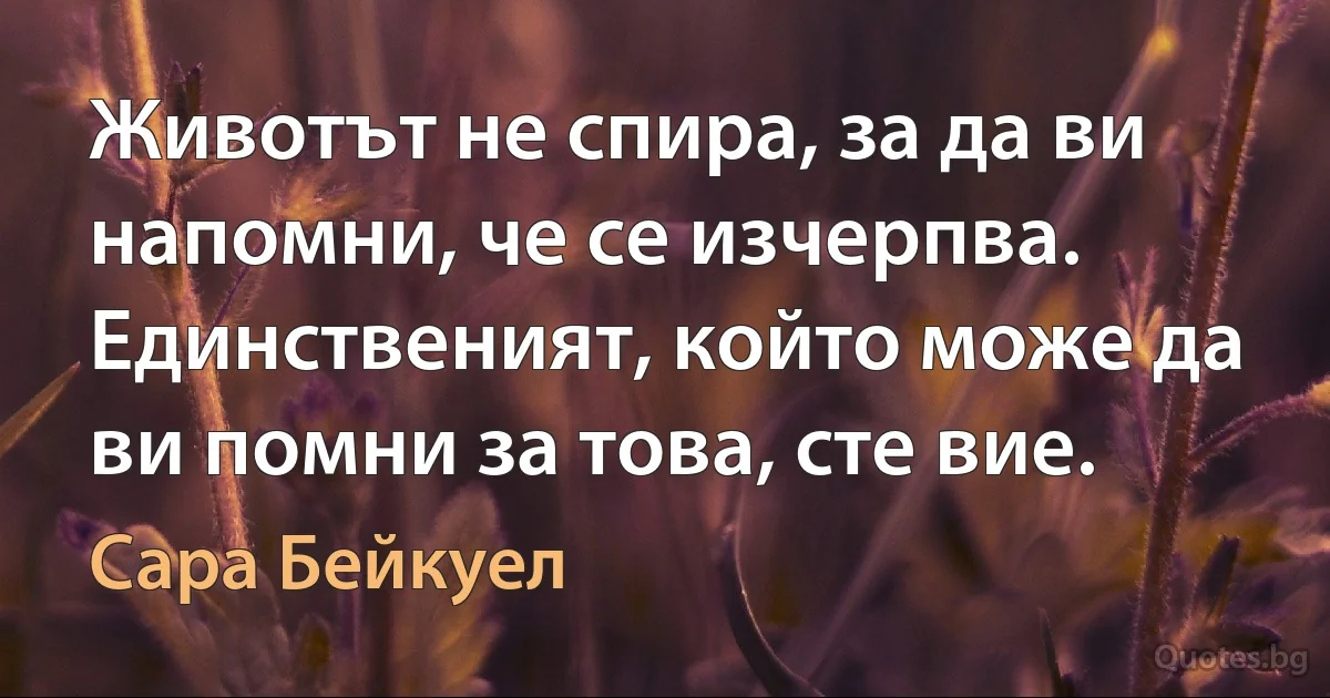 Животът не спира, за да ви напомни, че се изчерпва. Единственият, който може да ви помни за това, сте вие. (Сара Бейкуел)