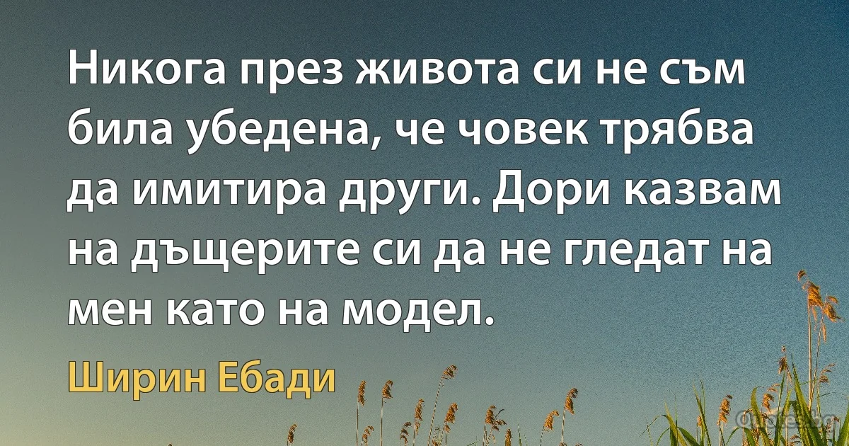 Никога през живота си не съм била убедена, че човек трябва да имитира други. Дори казвам на дъщерите си да не гледат на мен като на модел. (Ширин Ебади)