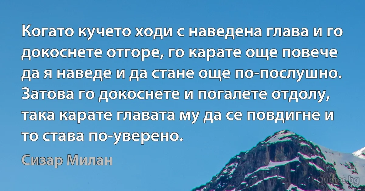 Когато кучето ходи с наведена глава и го докоснете отгоре, го карате още повече да я наведе и да стане още по-послушно. Затова го докоснете и погалете отдолу, така карате главата му да се повдигне и то става по-уверено. (Сизар Милан)