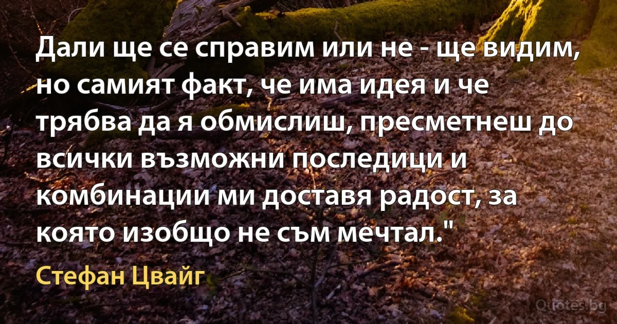 Дали ще се справим или не - ще видим, но самият факт, че има идея и че трябва да я обмислиш, пресметнеш до всички възможни последици и комбинации ми доставя радост, за която изобщо не съм мечтал." (Стефан Цвайг)