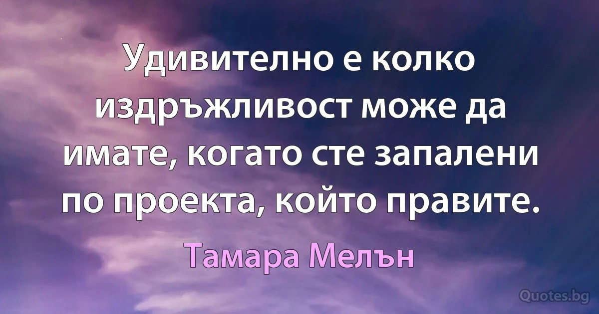 Удивително е колко издръжливост може да имате, когато сте запалени по проекта, който правите. (Тамара Мелън)