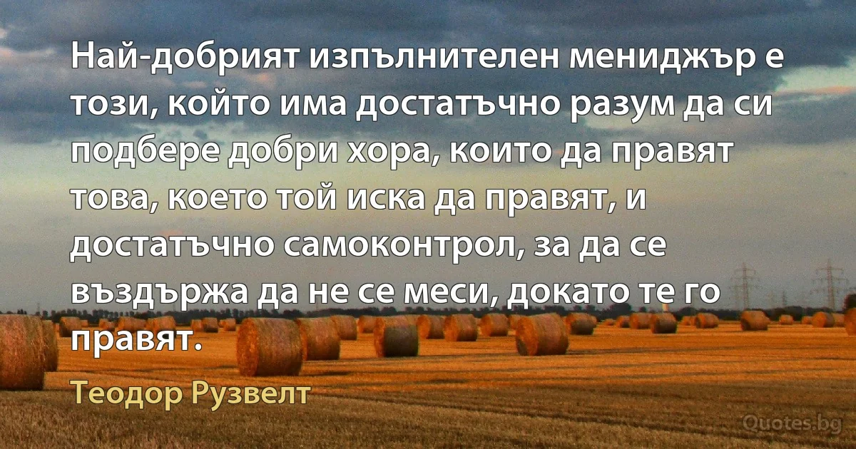 Най-добрият изпълнителен мениджър е този, който има достатъчно разум да си подбере добри хора, които да правят това, което той иска да правят, и достатъчно самоконтрол, за да се въздържа да не се меси, докато те го правят. (Теодор Рузвелт)