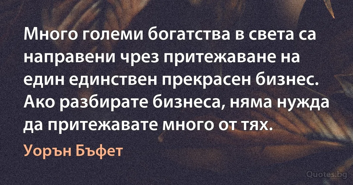 Много големи богатства в света са направени чрез притежаване на един единствен прекрасен бизнес. Ако разбирате бизнеса, няма нужда да притежавате много от тях. (Уорън Бъфет)