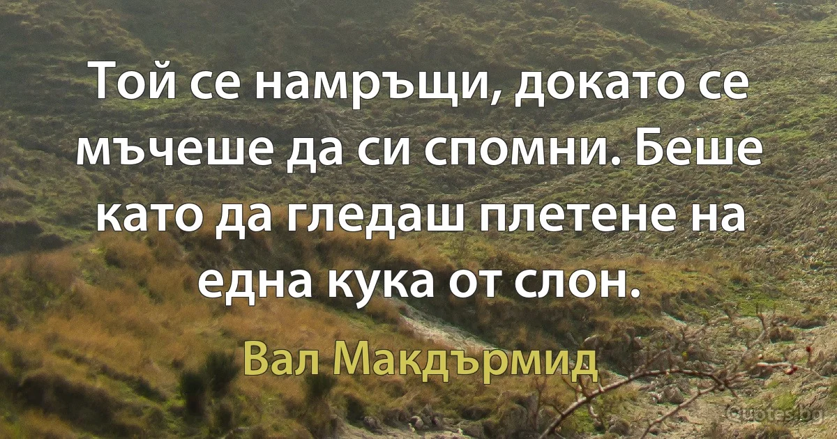 Той се намръщи, докато се мъчеше да си спомни. Беше като да гледаш плетене на една кука от слон. (Вал Макдърмид)