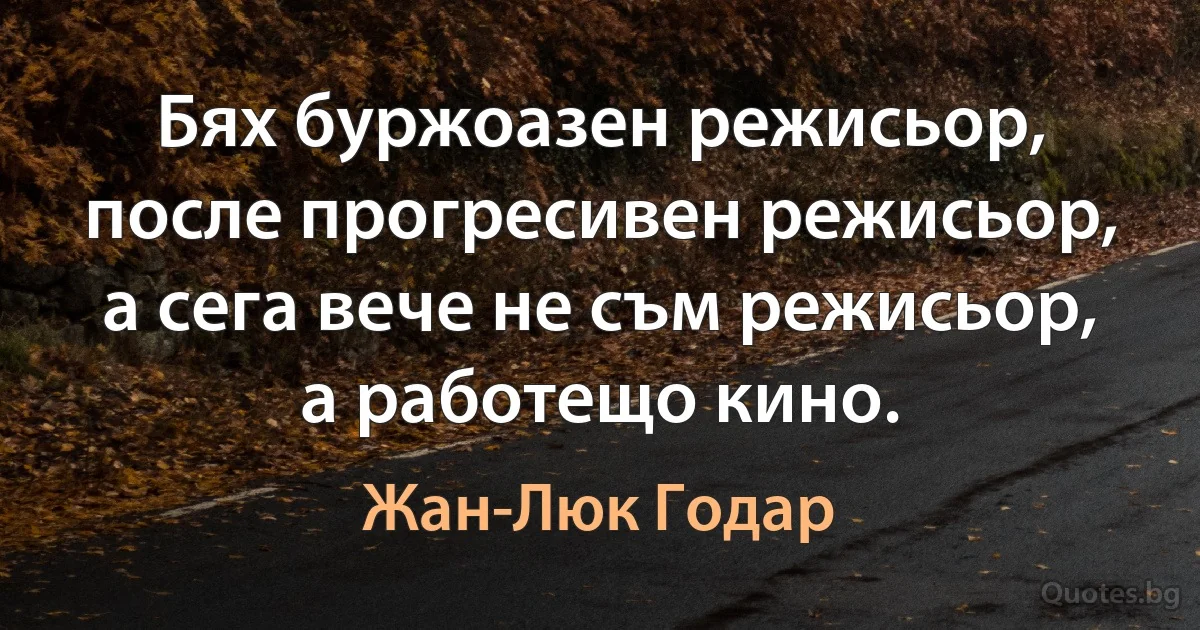 Бях буржоазен режисьор, после прогресивен режисьор, а сега вече не съм режисьор, а работещо кино. (Жан-Люк Годар)