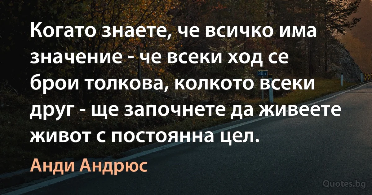 Когато знаете, че всичко има значение - че всеки ход се брои толкова, колкото всеки друг - ще започнете да живеете живот с постоянна цел. (Анди Андрюс)