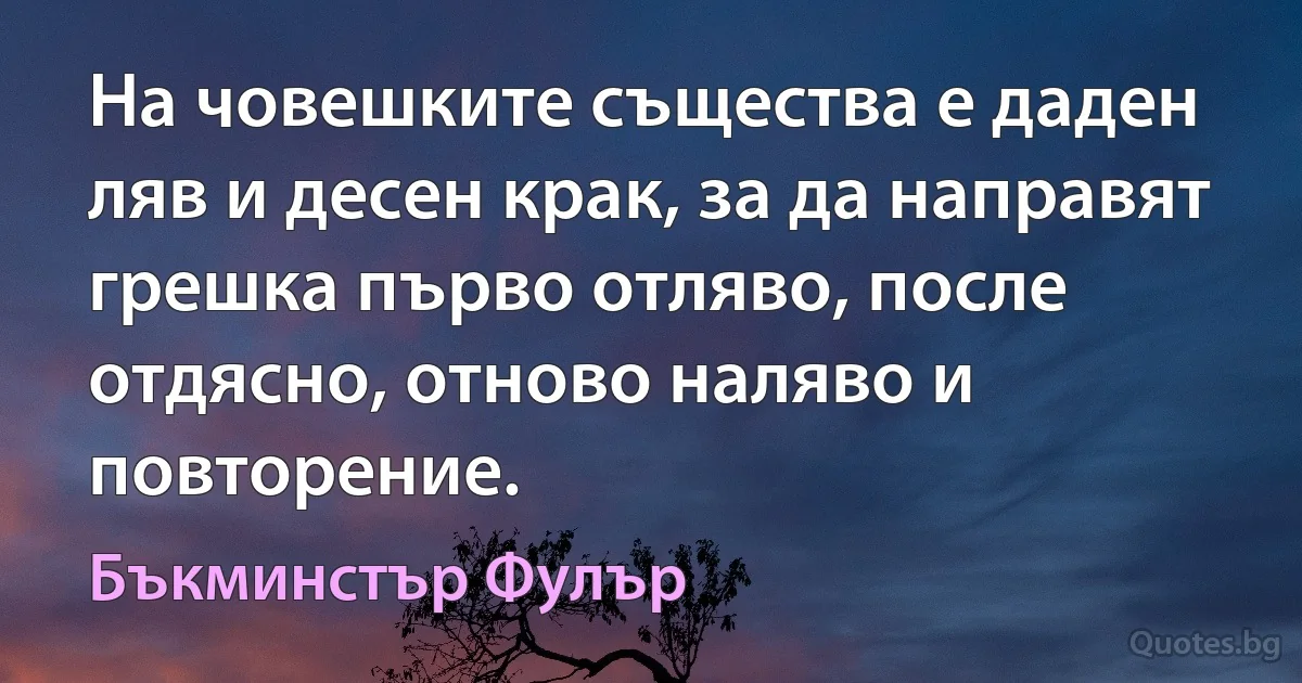 На човешките същества е даден ляв и десен крак, за да направят грешка първо отляво, после отдясно, отново наляво и повторение. (Бъкминстър Фулър)