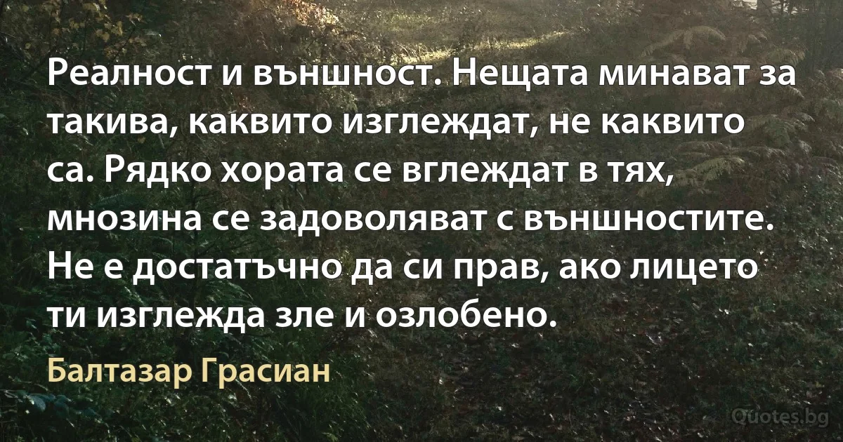 Реалност и външност. Нещата минават за такива, каквито изглеждат, не каквито са. Рядко хората се вглеждат в тях, мнозина се задоволяват с външностите. Не е достатъчно да си прав, ако лицето ти изглежда зле и озлобено. (Балтазар Грасиан)