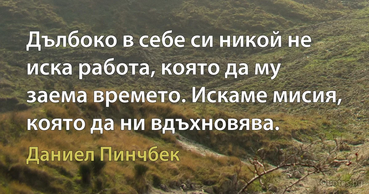 Дълбоко в себе си никой не иска работа, която да му заема времето. Искаме мисия, която да ни вдъхновява. (Даниел Пинчбек)