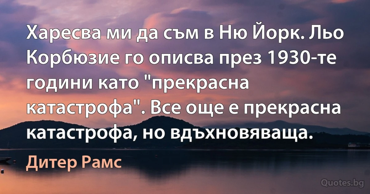 Харесва ми да съм в Ню Йорк. Льо Корбюзие го описва през 1930-те години като "прекрасна катастрофа". Все още е прекрасна катастрофа, но вдъхновяваща. (Дитер Рамс)